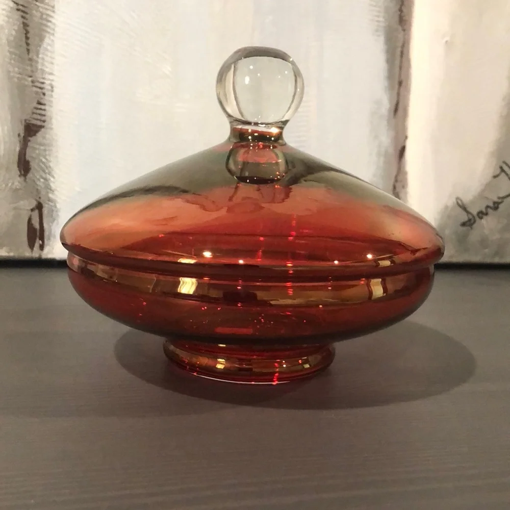 Gorgeous Iridescent Red Vintage Covered Glass Dish - Picture 1 of 13